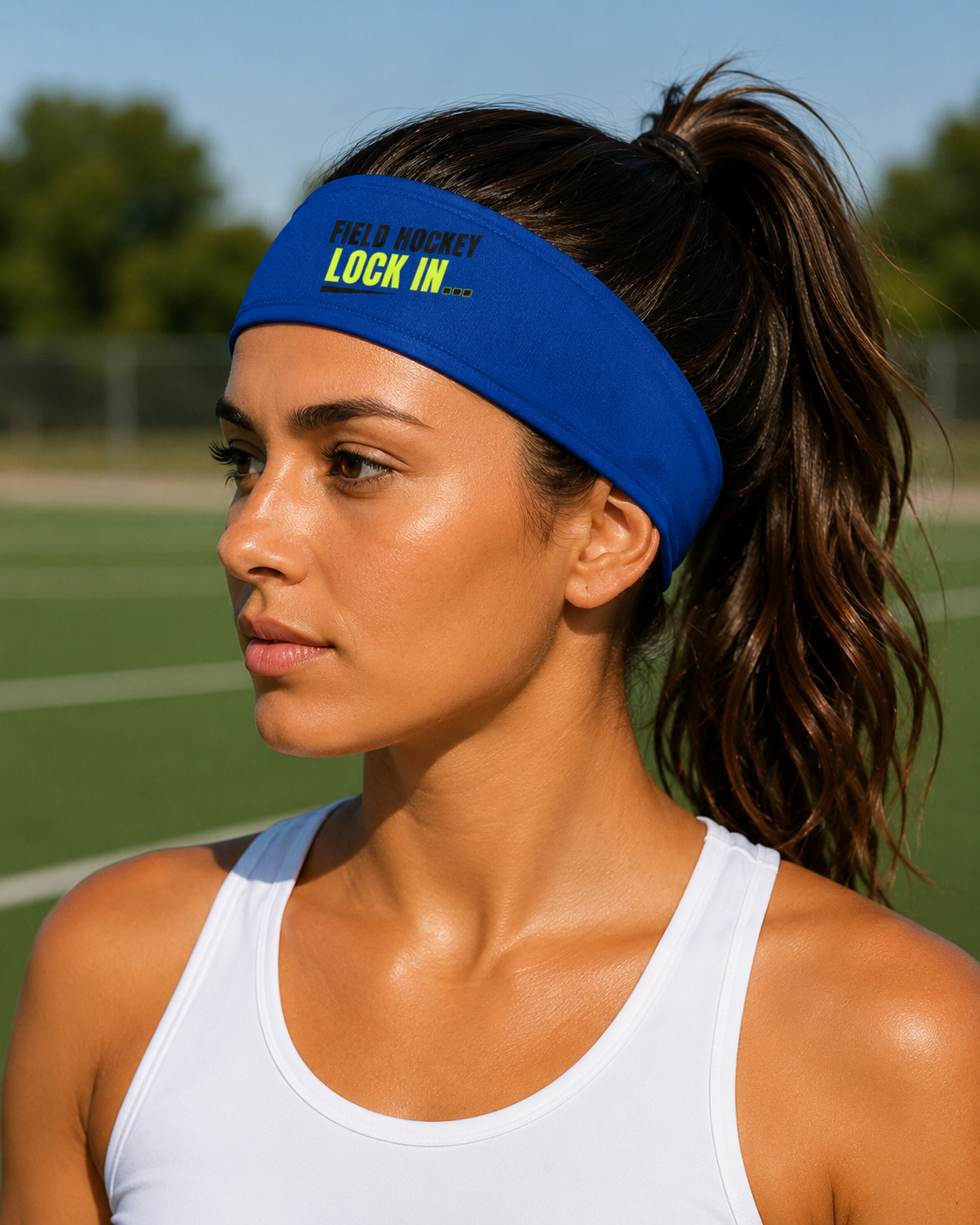 Woman wearing a blue headband with Field Hockey Lock In on turf field