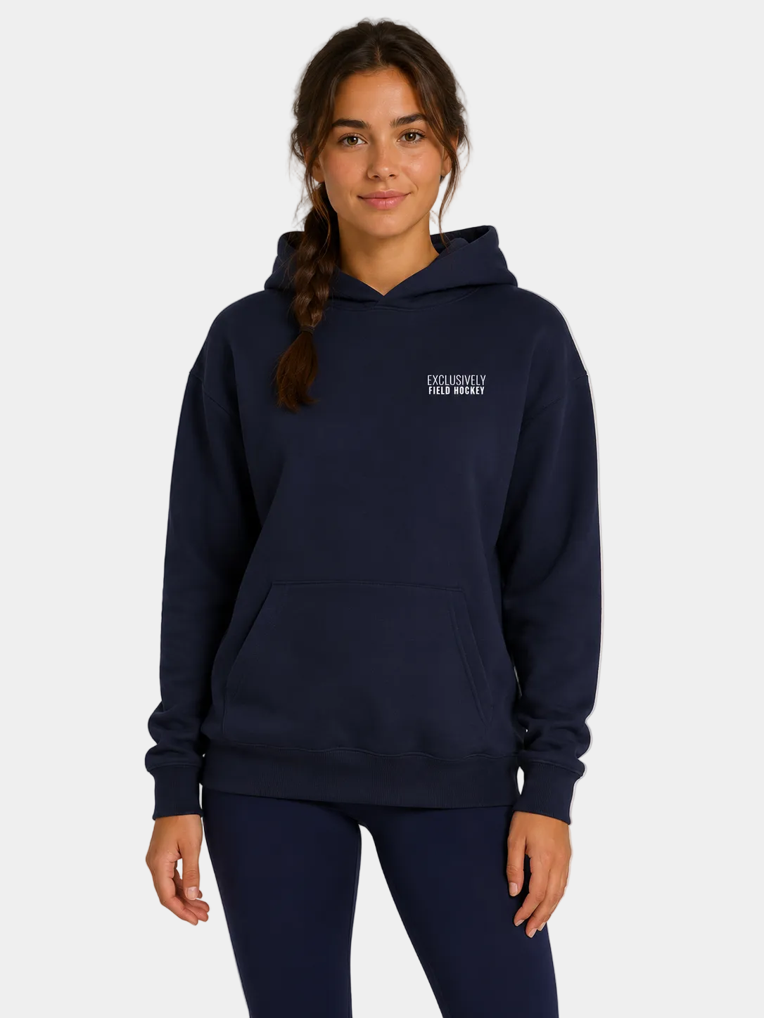 Women's field hockey ultra heavyweight hoodie in Classic Navy with embroidered Exclusively Field Hockey logo. Premium oversized fleece hoodie for field hockey players, training, tournaments, and everyday wear.