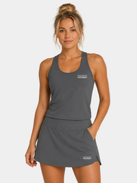 Women's field hockey racerback tank in Iron Grey featuring embroidered Exclusively Field Hockey logo. Lightweight moisture-wicking performance tank for field hockey forwards, midfielders, defenders, and athletes.