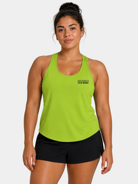 Women's field hockey racerback tank in Lime Shock featuring embroidered Exclusively Field Hockey logo. Lightweight moisture-wicking performance tank for field hockey forwards, midfielders, defenders, and athletes.