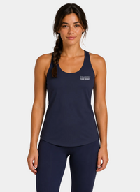 Women's field hockey racerback tank in True Navy featuring embroidered Exclusively Field Hockey logo. Lightweight moisture-wicking performance tank for field hockey forwards, midfielders, defenders, and athletes.