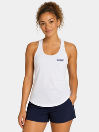 Women's field hockey racerback tank in White featuring embroidered Exclusively Field Hockey logo. Lightweight moisture-wicking performance tank for field hockey forwards, midfielders, defenders, and athletes.