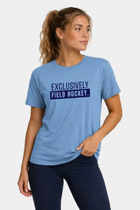Field hockey player wearing blue Exclusively Field Hockey T-shirt