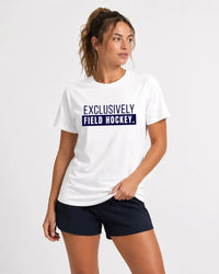 Field Hockey Player wearing white and blue exclusively field hockey tshirt