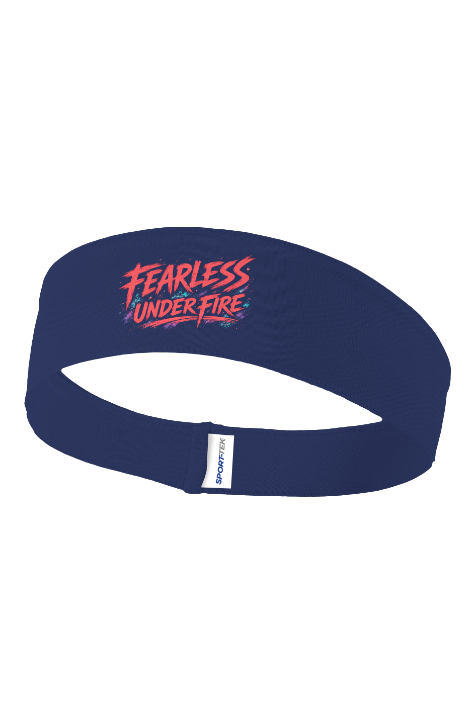 Field hockey goalie headband in True Navy featuring Fearless Under Fire graphic