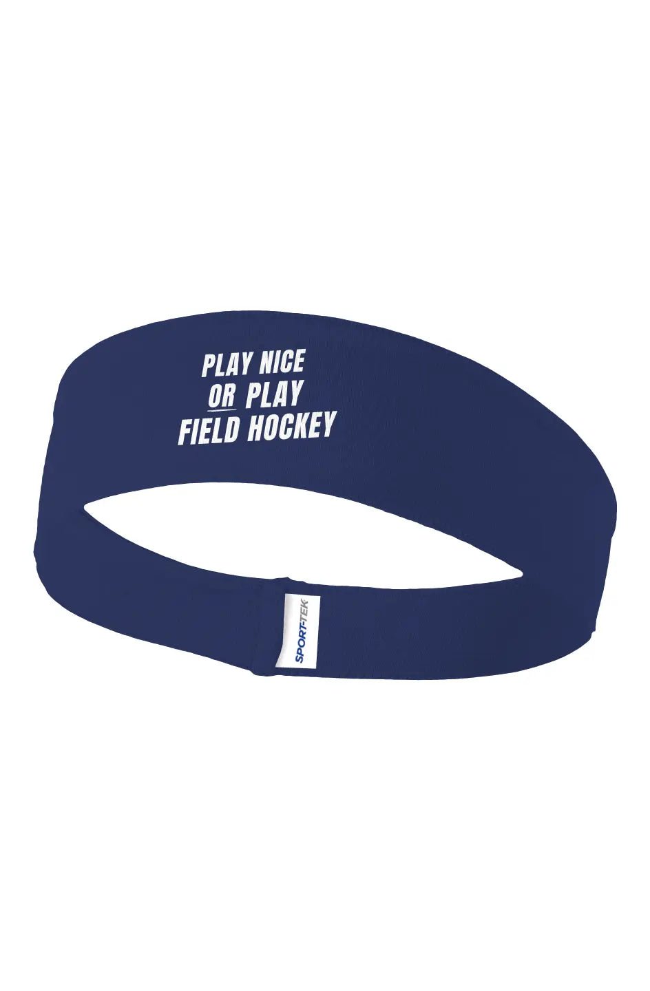 Navy blue field hockey athletic headband with Play Nice or Play white text