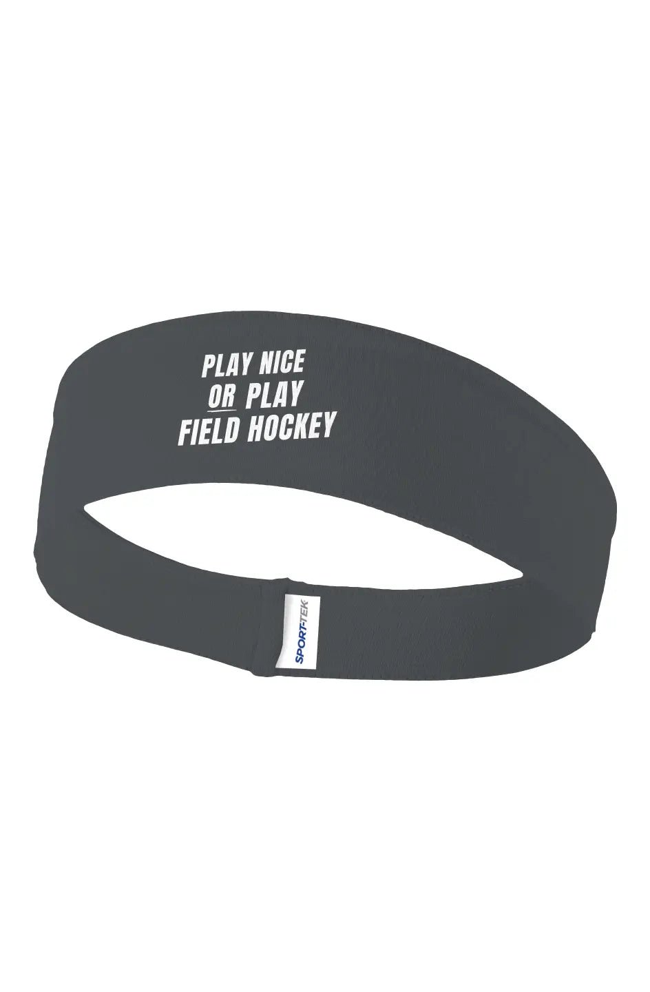 Charcoal field hockey athletic headband with Play Nice or Play white text